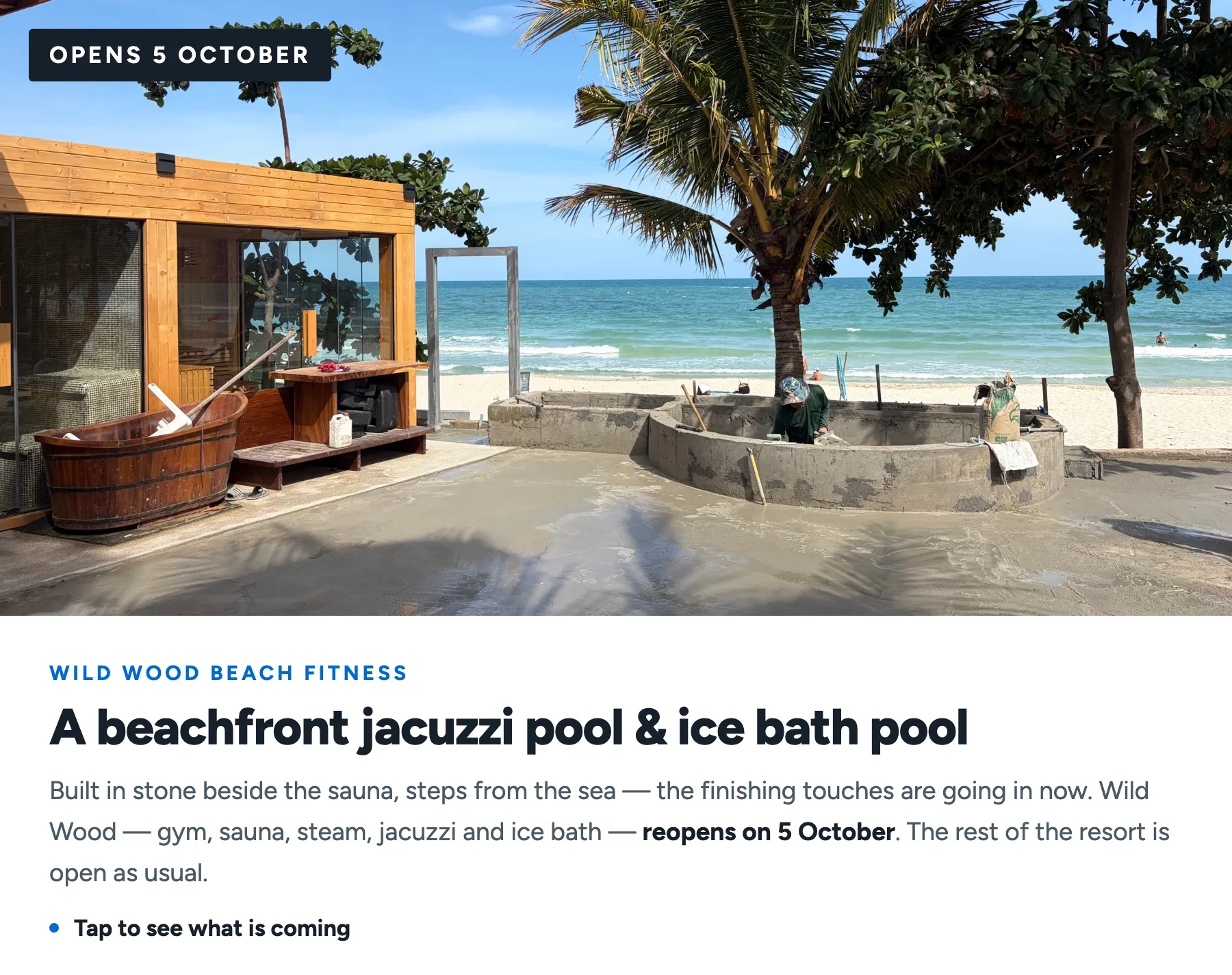 The beachfront jacuzzi pool and ice bath pool at Wild Wood Beach Fitness, nearly finished — Wild Wood reopens on 5 October